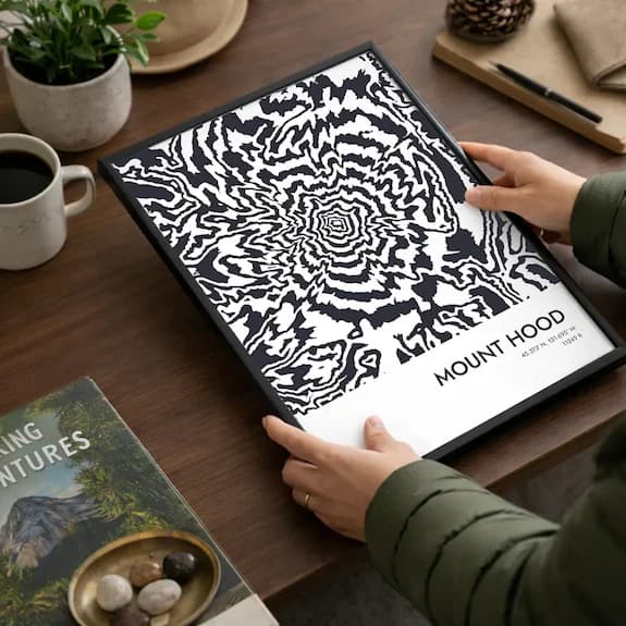 Framed contour print on a desk